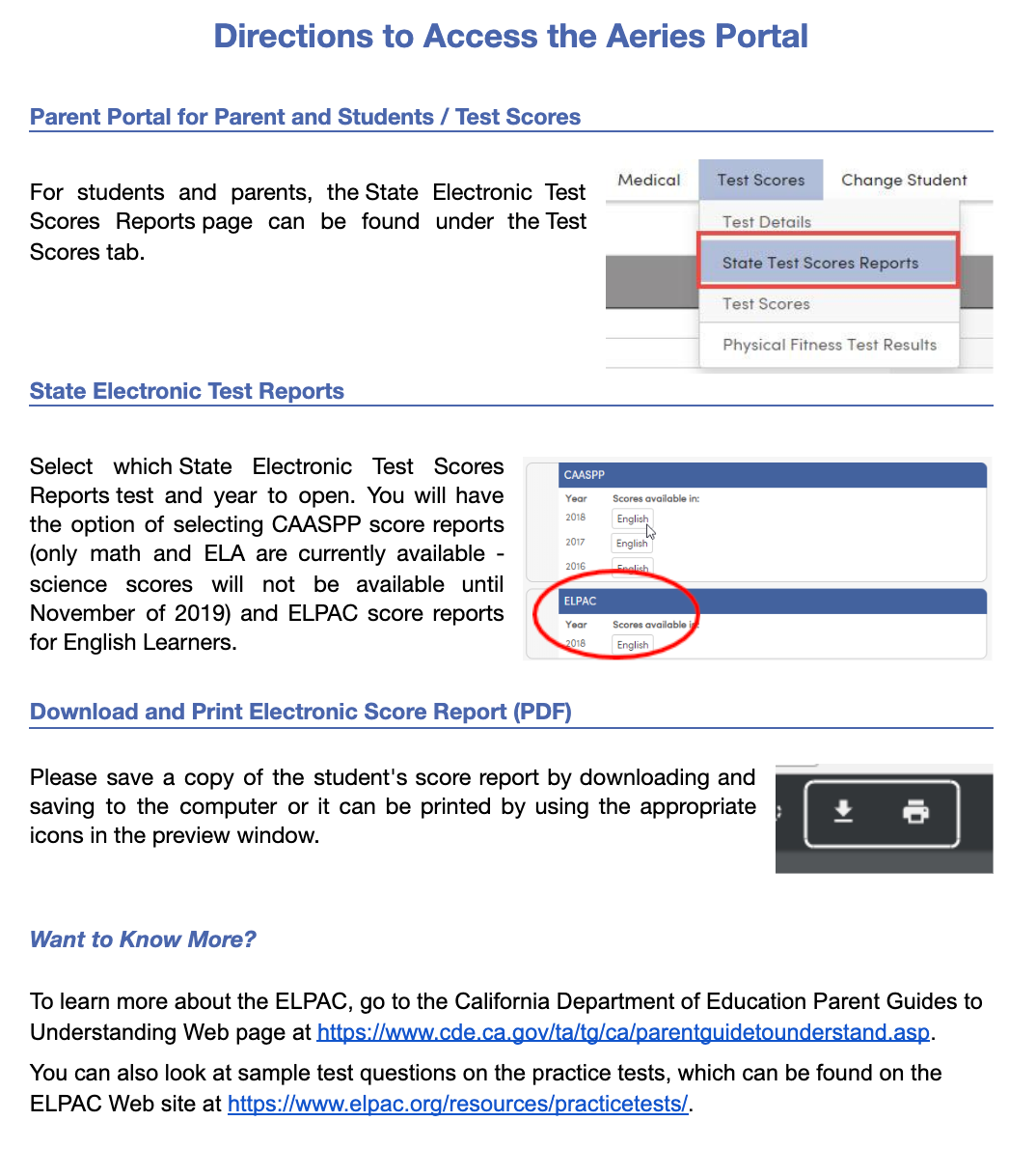 Directions for accessing ELPAC test scores on PYLUSD Parent Portal.